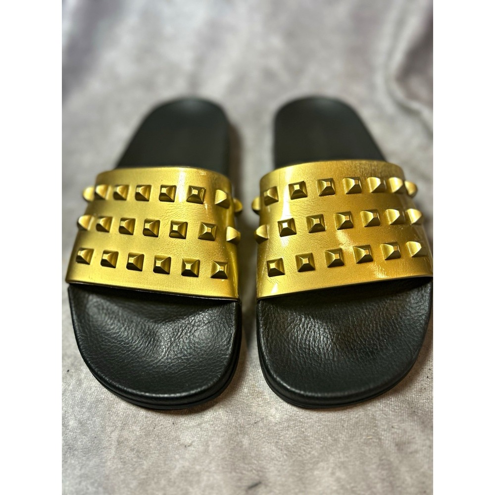 Carmen Sol Women's 39 Gold Studded Slide Sandals Black Made in Italy